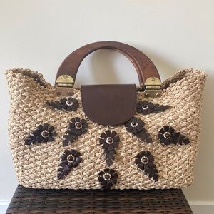 Tocca Wood Handle Seagrass Woven Tote with Leather Floral Details